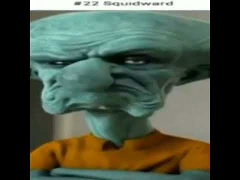 Close-up of distorted Squidward with exaggerated features in orange shirt
