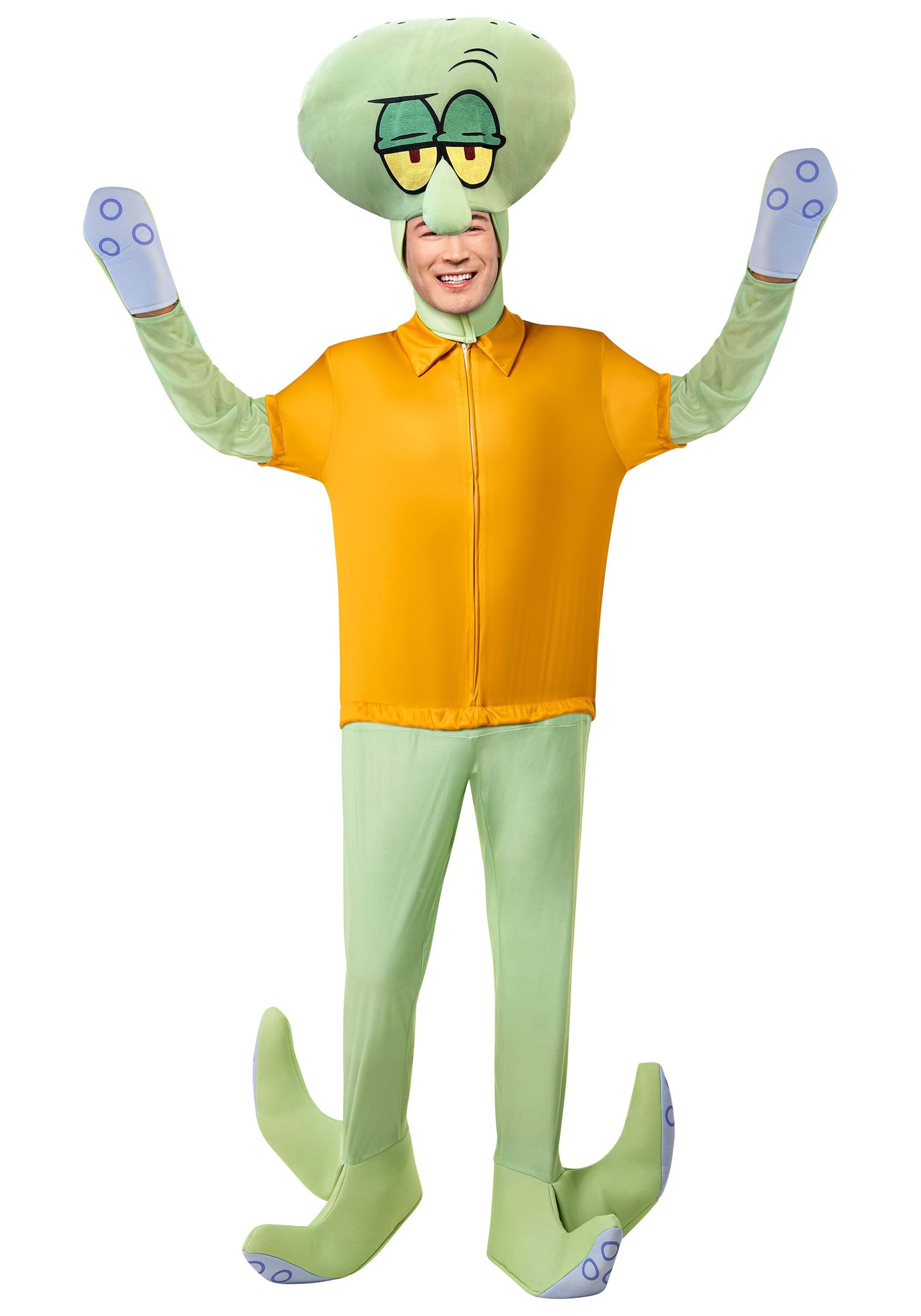 Person in a full Squidward costume with green bodysuit and character head